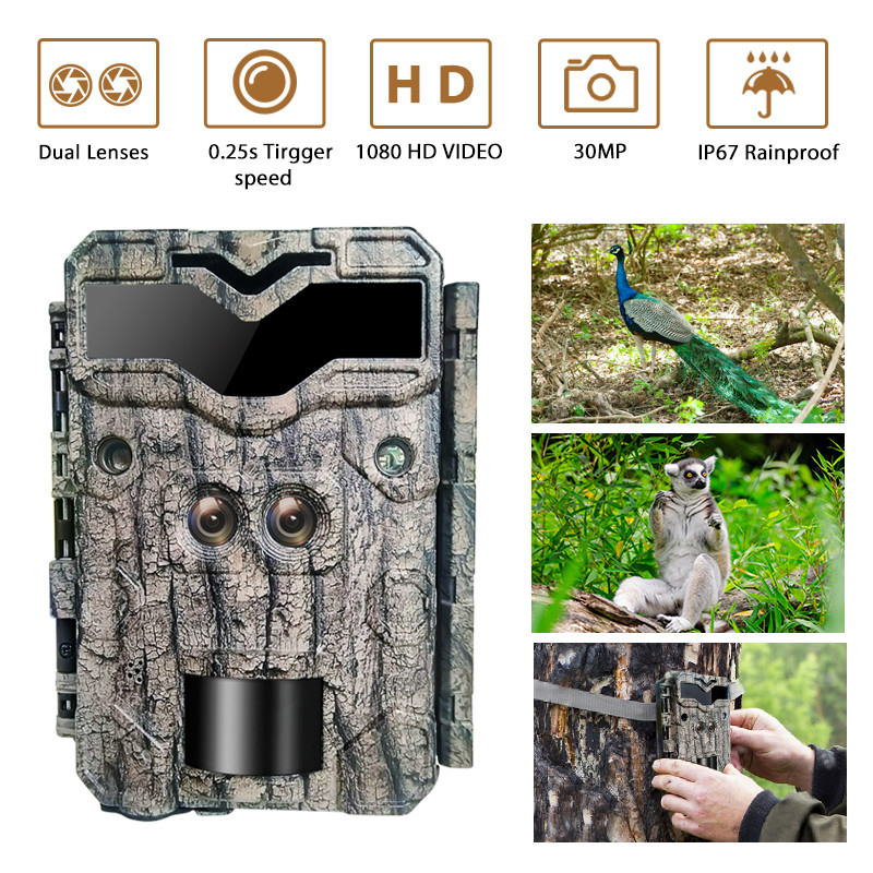 دوربین شکار نظارت KW698A با لنز دوگانه 1080P 30MP ضد آب IP67 تا 512GB دید شب 0.25s